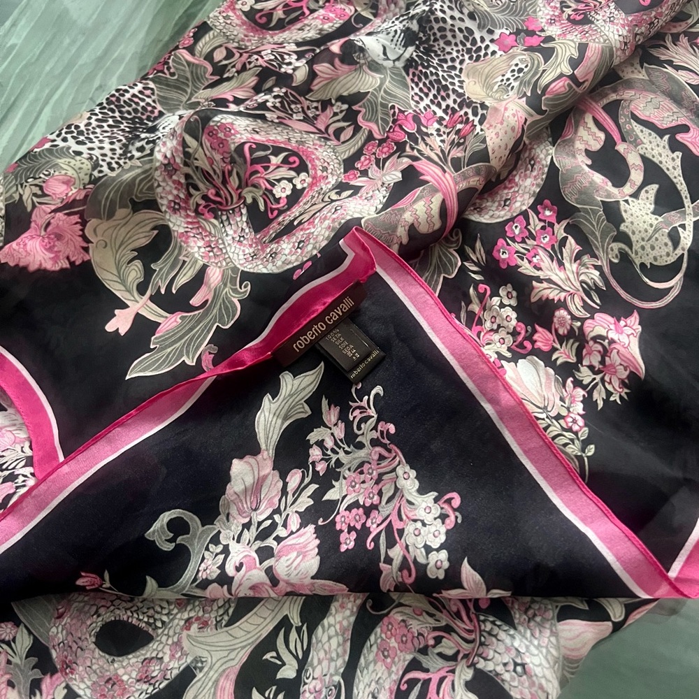 Roberto Cavalli Silk Scarf/Wrap Animal & Flowers Print Gem